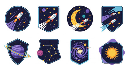Collection of Space Themed Patches with Rockets and Planets. © Iwan