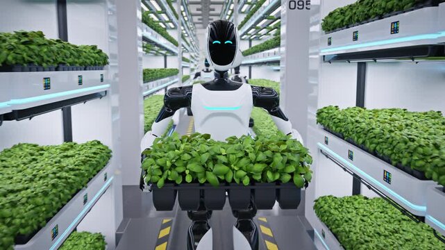 AI-powered humanoid robot walking in a fully automated greenhouse carrying a tray with plants. Smart farming and AI robotics concept. Future sustainable agriculture technology. 3d animation rendering