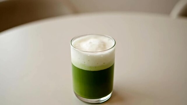 A refreshing glass of green tea with frothy foam sits on a table indoors.