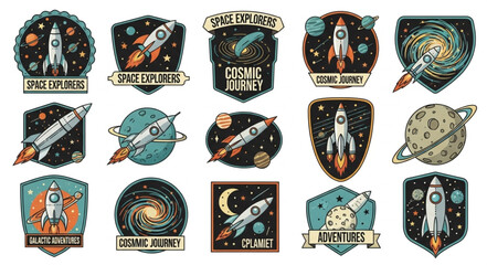 Collection of Retro Space Exploration Badges and Emblems. © Iwan