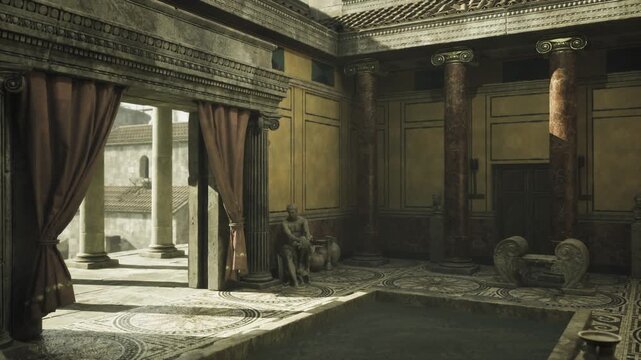 Quiet Alexandria atrium with shaded alcoves and low bench seating stone sculptures guard open doorway, patterned floor reflects soft evening tones, intimate