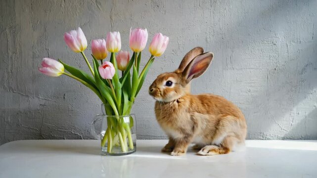 Adorable fluffy bunny with fresh spring flowers on a white table. Festive easter composition with a live pet and a bouquet of pink tulips for a holiday celebration