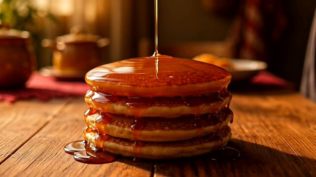Syrup drips onto a stack of pancakes on a wooden table indoors.