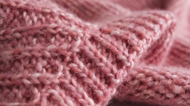 Closeup of a soft pink knitted fabric with intricate texture.