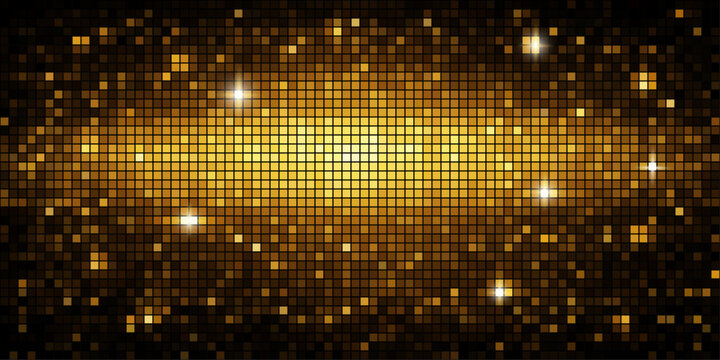 Sequin pink disco mosaic tile background with glitter sparkle light on golden gradient
