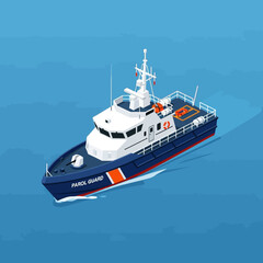 Naklejka premium Navy blue and white coast guard ship sailing on calm blue waters.