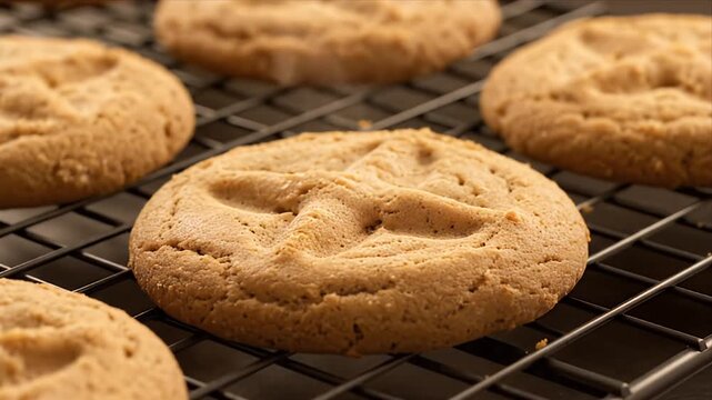 Deliciously Baked Golden Brown Peanut Butter Cookies Cooling on a Wire Rack With a Subtle Crosshatch Pattern on Top