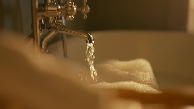 Warm water flows gently from vintage brass faucet into bubble-filled bathtub. Soft golden lighting creates relaxing spa atmosphere. Water droplets sparkle as they fall onto soapy surface