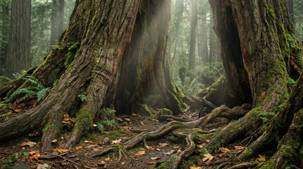 Obraz premium Mossy giant tree trunks in misty forest with ferns and roots
