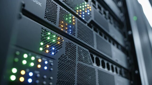 Data center server racks with illuminated indicators showcasing performance and readiness. Server equipment enhances technology infrastructure for reliable networking and data management solutions.