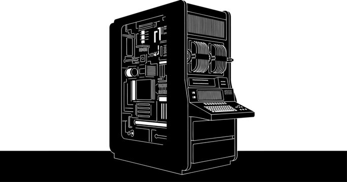 Vintage mainframe computer system with magnetic tape reels and control panel
