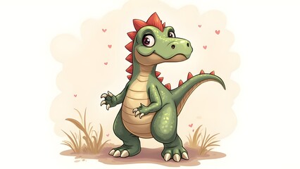 Obraz premium Cute cartoon baby dinosaur with playful eyes and spiky crest, standing among stylized foliage with faint hearts in background, perfect for children's decor or storybooks