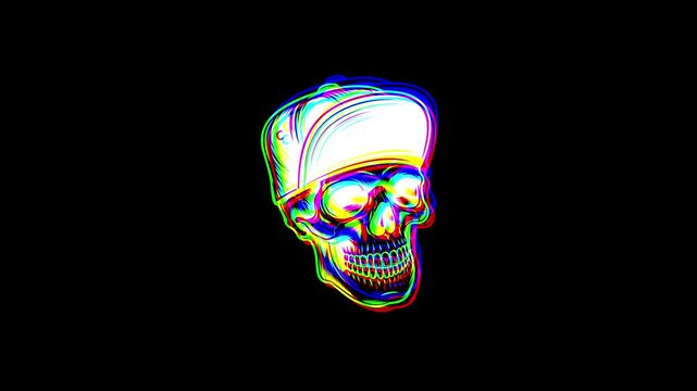 Animated skull wearing a baseball cap with a vibrant digital glitch effect, chromatic aberration, and RGB color shifts on a solid black background.
