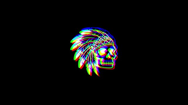 Animated profile of a Native American skull wearing a traditional feathered headdress with a vibrant digital glitch effect and RGB color shifts on a black background.