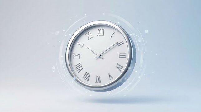 Silver clock showing 1 o'clock on white background with soft glow