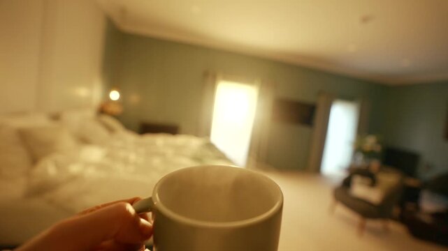 Hand holds white mug, light fades from dark room. Warm morning glow enters through window. Cozy, peaceful moment before day begins. Perfect for calm, home, or breakfast scenes