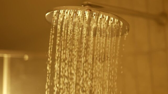 Warm, golden light glows softly on a circular showerhead. Water falls steadily in clear, shimmering streams. Background wall tiles fade into soft blur. Bathing scene evokes relaxation and comfort