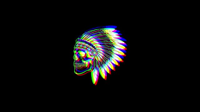 Animated profile of a Native American skull wearing a traditional feathered headdress with a vibrant digital glitch effect and RGB color shifts on a black background.