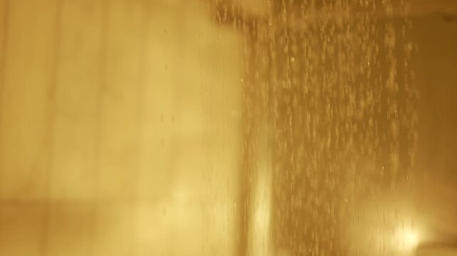 Warm, golden light filters through falling water droplets. Rain streaks down a glass surface. Soft, ambient glow evokes calm and introspection. Perfect for relaxing scenes, spa settings, or meditation