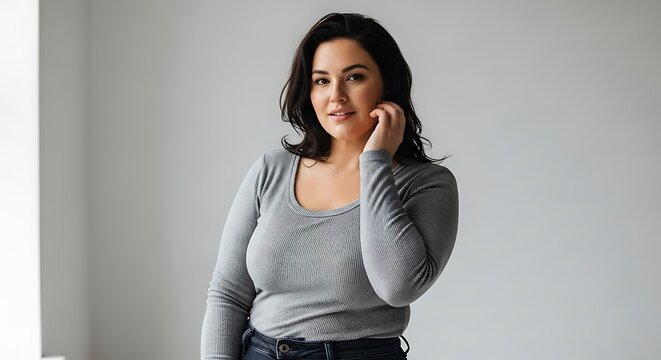Beautiful Plus Size Woman Posing Confidently in Studio Portrait.