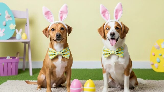 Two funny dogs dressed in bunny ears and bow ties for a festive easter photoshoot. Adorable pets sitting with colorful eggs and decorations showing a sequence of expressions