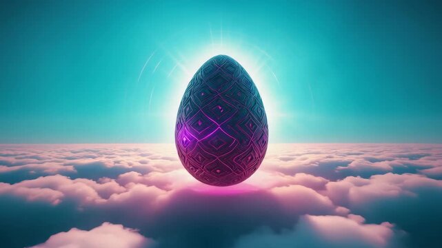Mysterious futuristic egg with glowing neon patterns hovering above a sea of clouds. Surreal science fiction landscape representing new beginnings or discovery of alien life