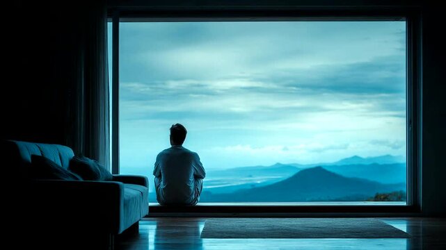 Person gazing at serene mountain landscape through window