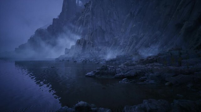 moonlit rocky coastline at night, dense fog curling around jagged cliffs, calm reflective tidal pools, cold blue palette, textured wet rocks and shallow water