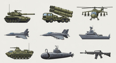 Collection of military vehicles and aircraft for war and defense. © Rian