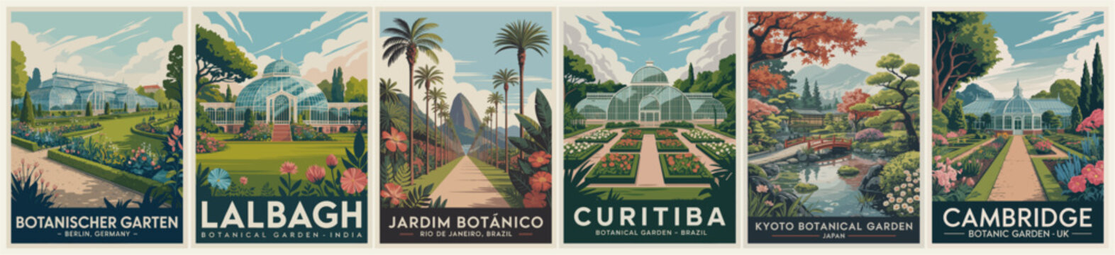 Set of stylized posters of iconic botanical gardens worldwide, featuring lush landscapes, conservatories, tropical palms, and Japanese gardens in a clean, illustrative retro style.