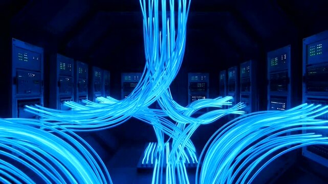 Glowing blue neon light installation in a dark futuristic corridor with technology