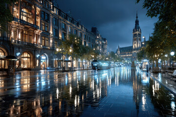 Obraz premium Rainy night street with tram and illuminated buildings