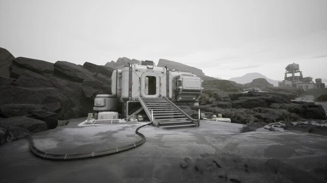 Sunlit modular base on rocky coastline, solar panels, scientific instruments, sample crates, humming generator, early morning exploration vibe