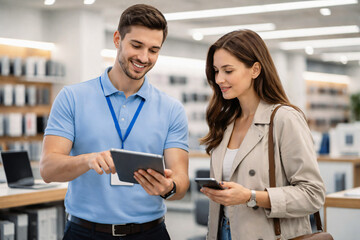 Modern office has shelves with books and computers. Man in a blue polo shirt holds a tablet. He wears a lanyard and smiles while showing it. Woman in a beige blazer examines the screen