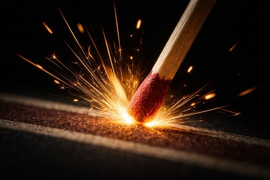 Close-up shot of a matchstick igniting. Bright sparks burst from the matchstick head. Golden light contrasts sharply with the dark background. Faint texture of a mat shows beneath the match