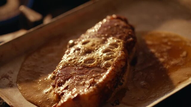 Close-up of succulent roasted meat glistening with rich, golden juices. Meat rests on metal tray with savory drips. Warm, inviting lighting highlights texture and appeal. Perfect for food blogs
