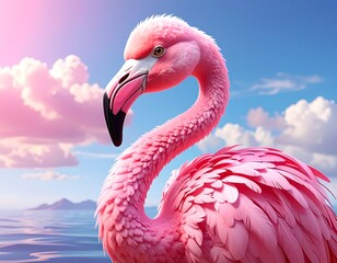 Fototapeta premium Close-up of a pink flamingo on water, sky and clouds in background