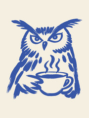 Obraz premium Owl with coffee cup naive brush sketch vector illustration