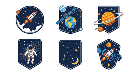 Space themed patches with rockets astronauts planets and stars. © Muhril