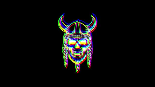Animated viking skull wearing a horned helmet with braided hair and a beard featuring a vibrant digital glitch effect and RGB color shifts on a solid black background.