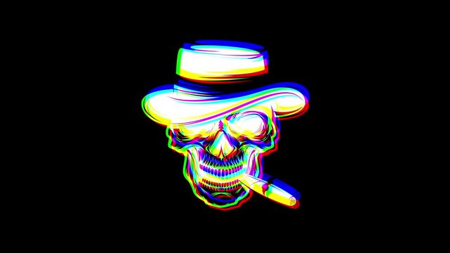 Animated skull wearing a fedora hat and smoking a cigar featuring a vibrant digital glitch effect, chromatic aberration, and RGB color shifts on a solid black background.