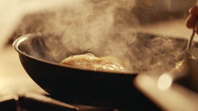 Steam rises as food cooks in a hot pan. Spatula lifts golden-brown chicken. Warm, cozy kitchen lighting surrounds the action. Perfect for culinary, cooking show, or food blog content