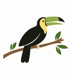 Fototapeta premium Cartoon Toucan Bird Perched on Branch with Leaves