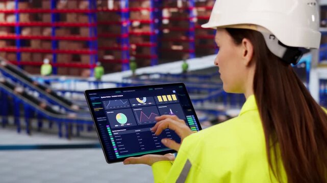 Warehouse Manager Reviews Inventory Data On Tablet