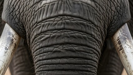 Fototapeta premium Close-up of an African elephants trunk and tusks, showcasing the intricate texture of its skin.