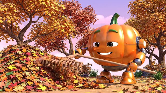 A smiling robot made of pumpkin walks through an autumnal forest with leaf piles and a skeleton