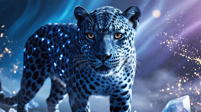 Cool neon purple and blue leopard with glowing spots, mystical sparkling background video, ideal for magical wildlife concepts.