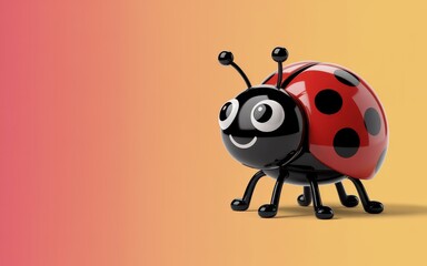 Obraz premium A cheerful 3D cartoon ladybug with large eyes stands on a vibrant gradient background