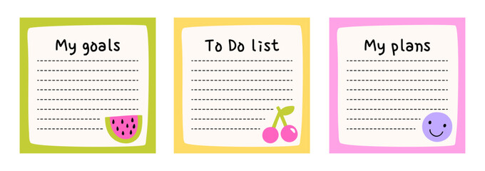 Cute hand-drawn to do list and planner note templates with doodle fruit and smiley. Colorful memo cards for goals, plans, and tasks. Perfect for planner, organizer, stationery, and printable design.
