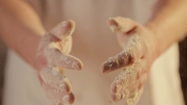 Close-up of hands dusted in flour, preparing dough. Warm, rustic lighting highlights tactile food-making. Focus on flour falling, suggesting artisanal baking. Ideal for recipes, bakery branding